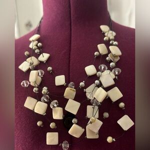 Multi-Strand Silvertone Black Wire Beaded Necklace Crystals Mother of Hematite